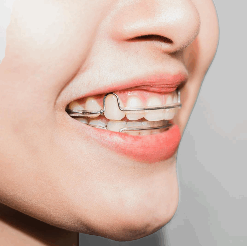Close up of a smiling adolescent with a metal removable retainer